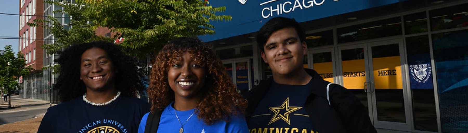 Chicago Campus students outside the academic building