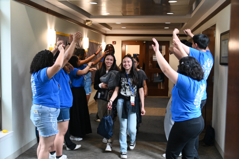 Dominican students greeting new students during SOAR