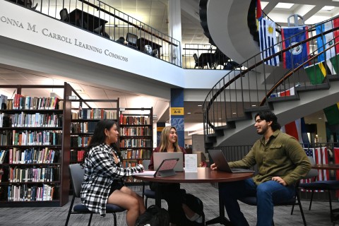 Students at a table in the library
