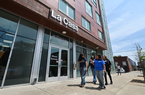 Students on sidewalk at LaCasa