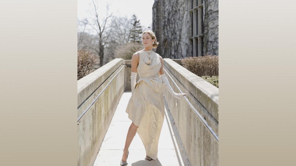 Model wearing outfit designed by student at Dominican University's Annual Fashion Show.