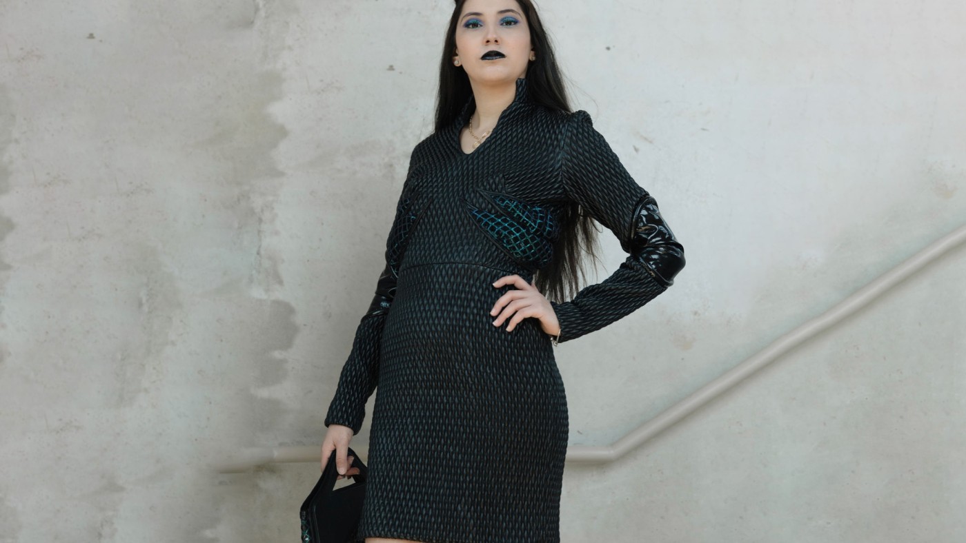 Model wearing outfit designed by student at Dominican University's Annual Fashion Show.