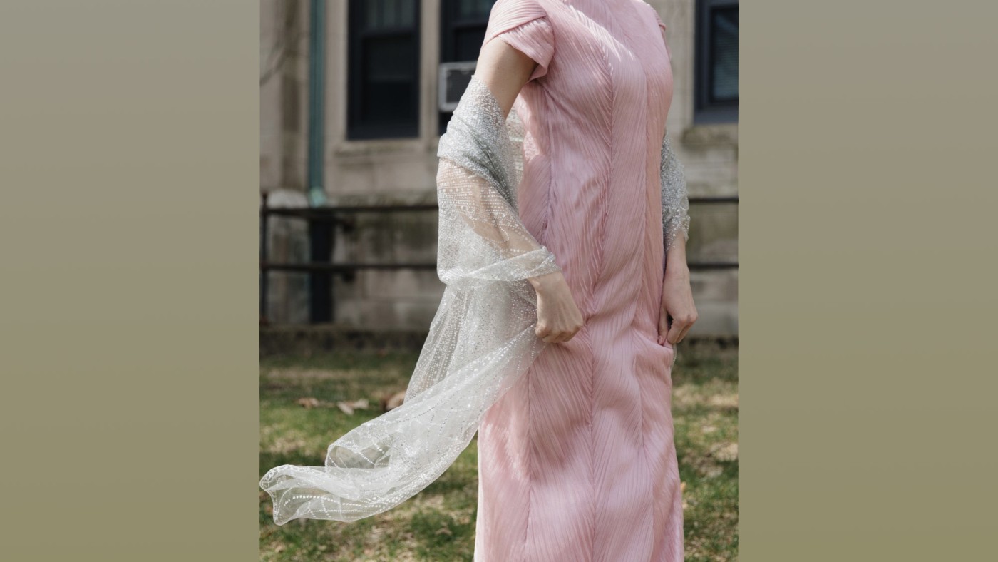 Model wearing outfit designed by student at Dominican University's Annual Fashion Show.