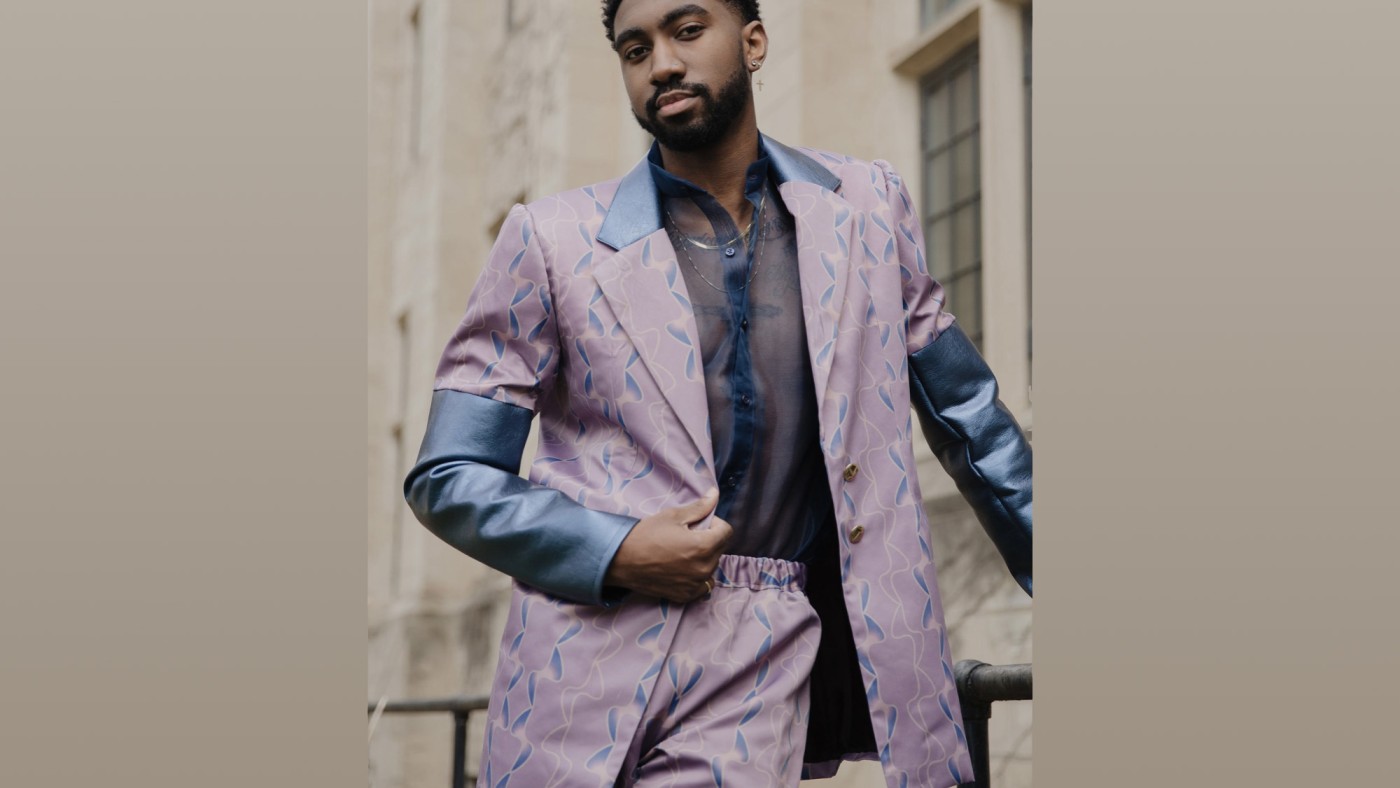 Model wearing outfit designed by student at Dominican University's Annual Fashion Show.