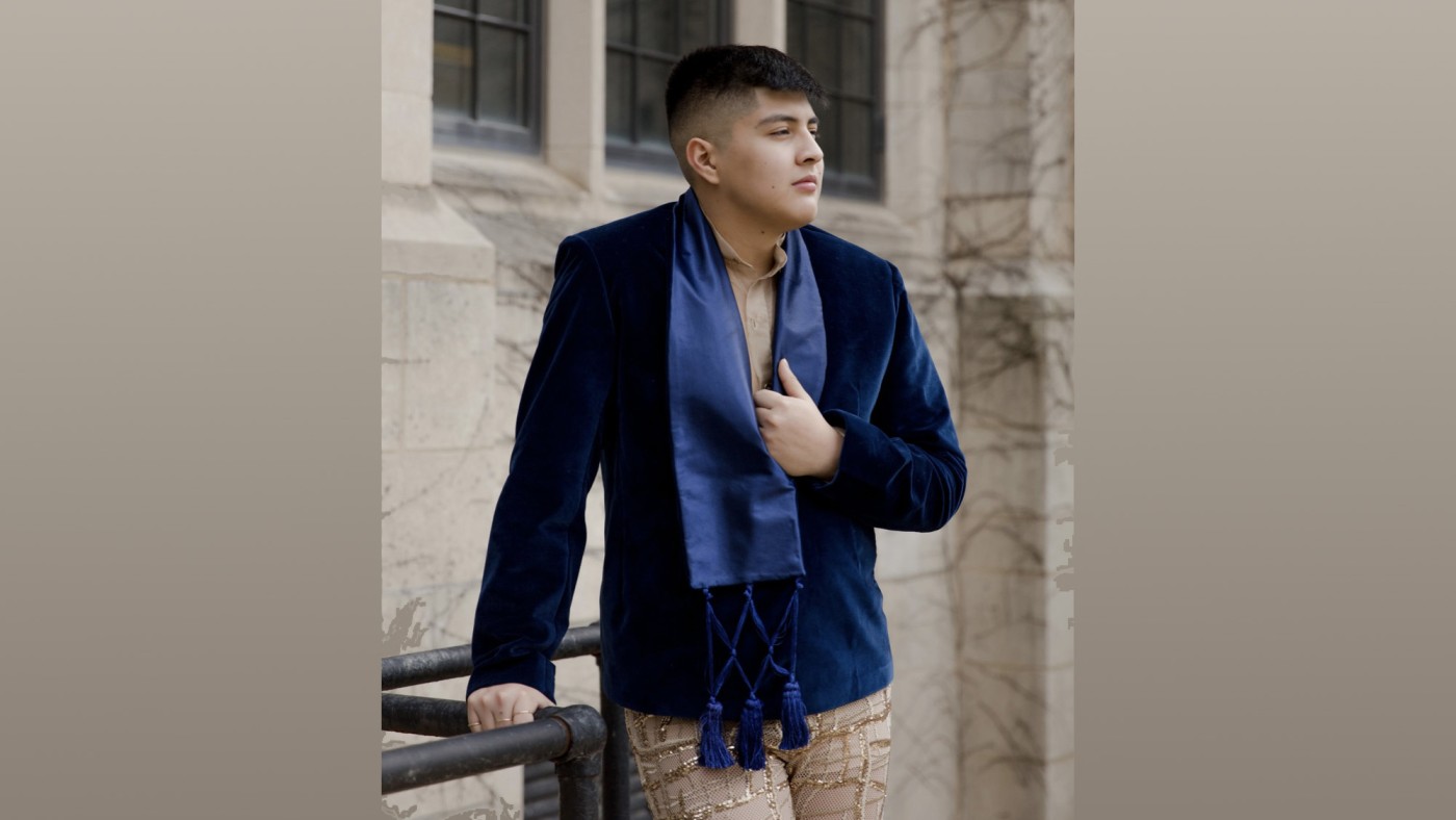 Model wearing outfit designed by student at Dominican University's Annual Fashion Show.