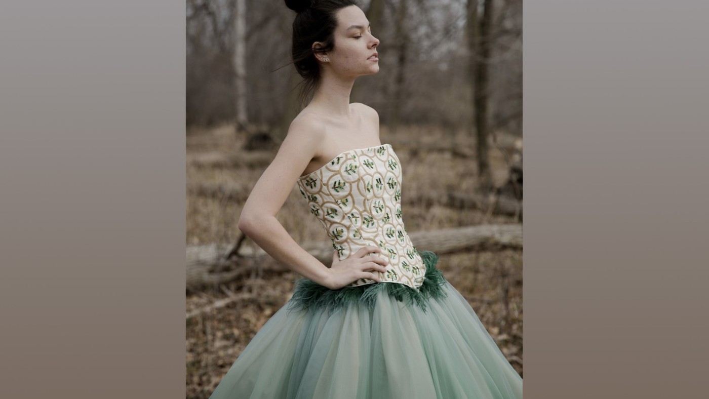 Model wearing outfit designed by student at Dominican University's Annual Fashion Show.