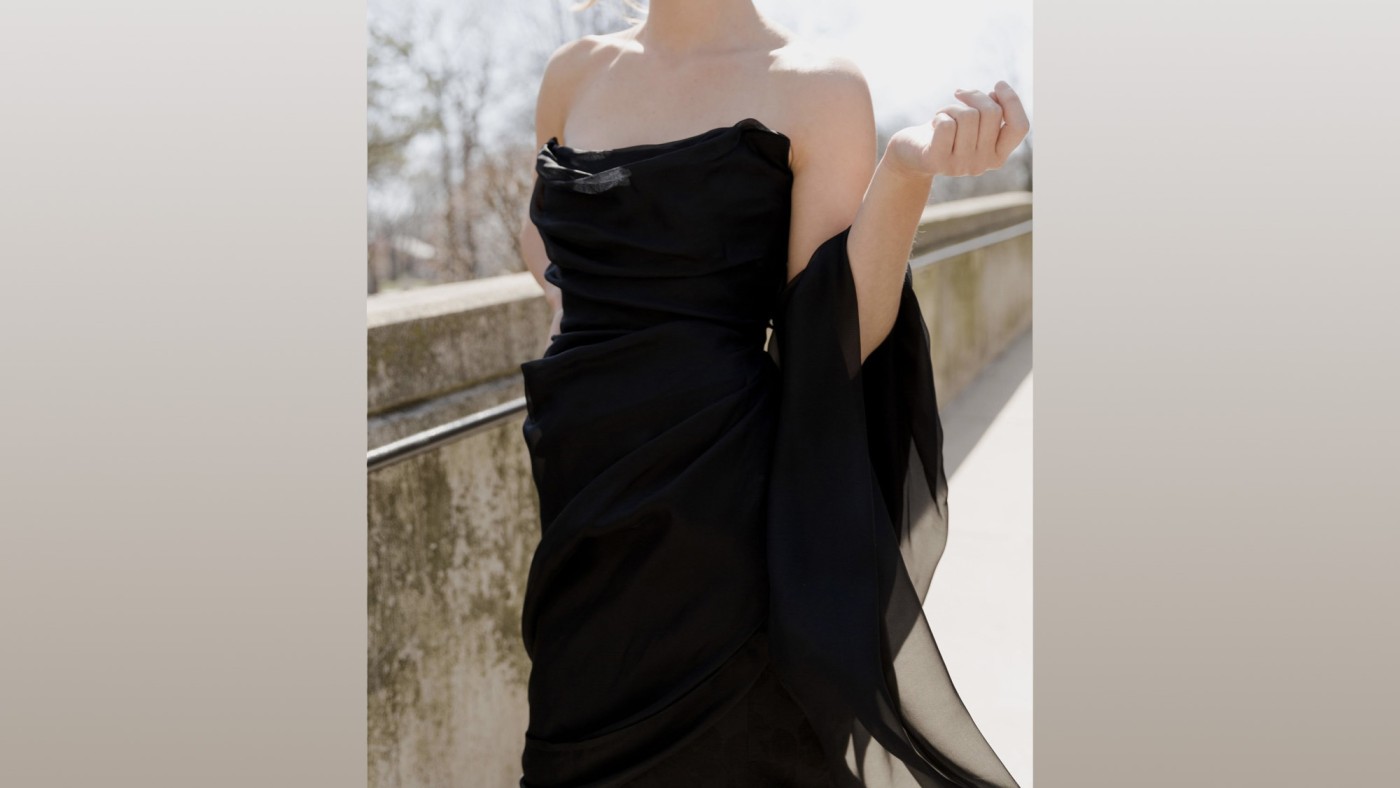 Model wearing outfit designed by student at Dominican University's Annual Fashion Show.