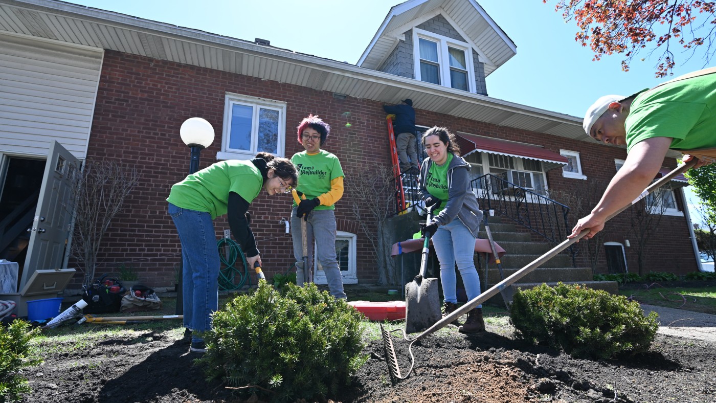 Students planting shrubs in service project