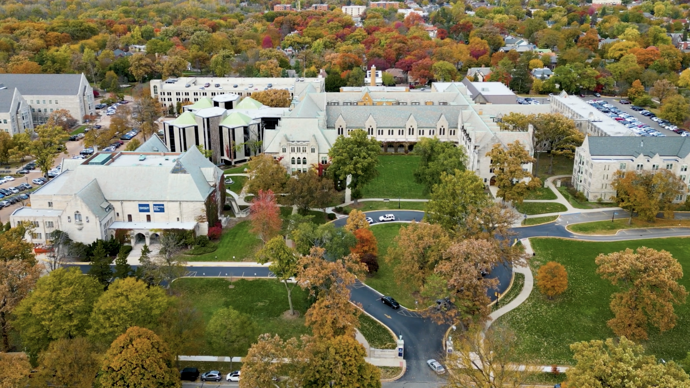 Aerial view of Dominican University's River Forest Campus, celebrating 125 years.