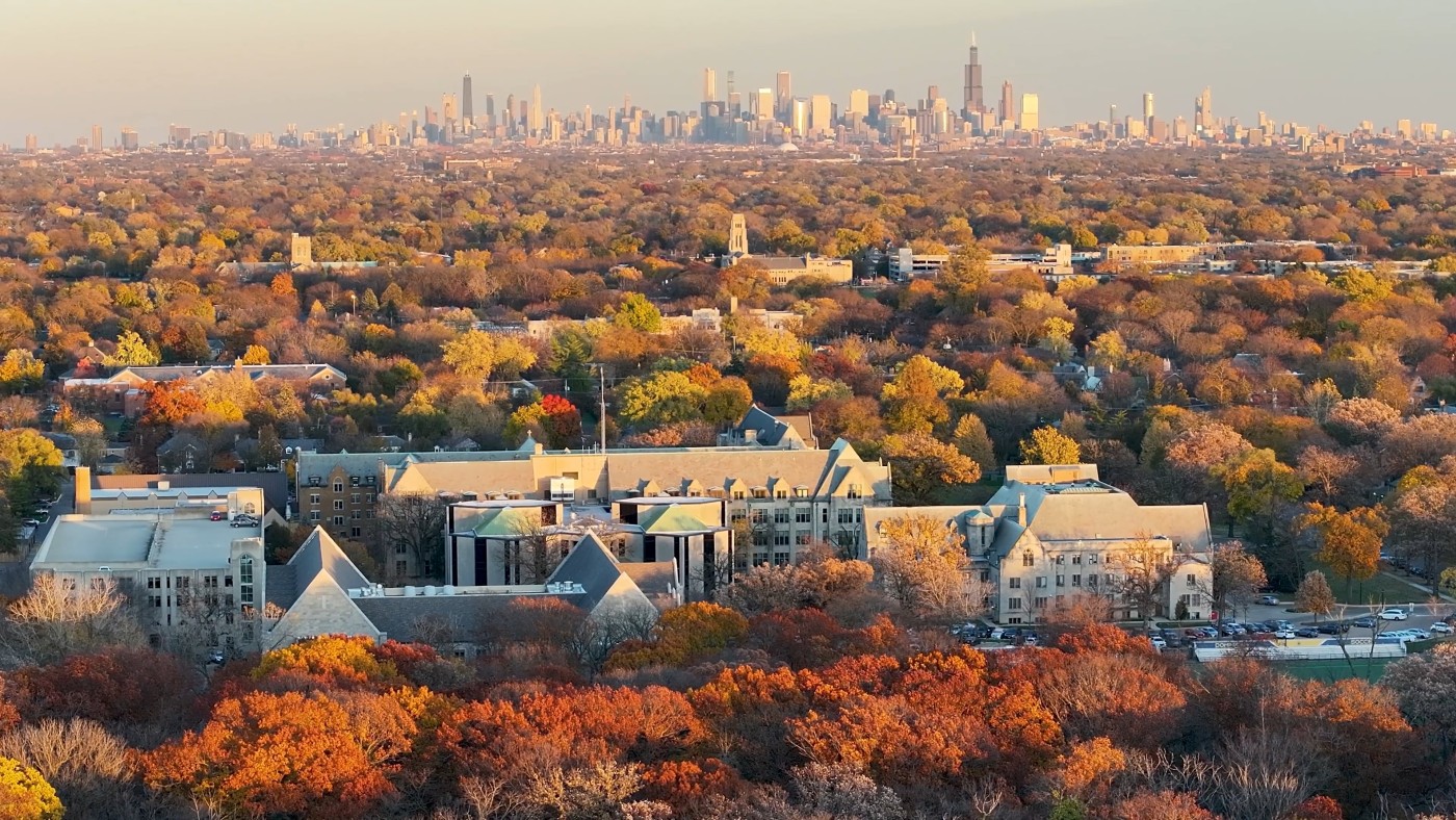 Aerial and campus and Chicago in the fall