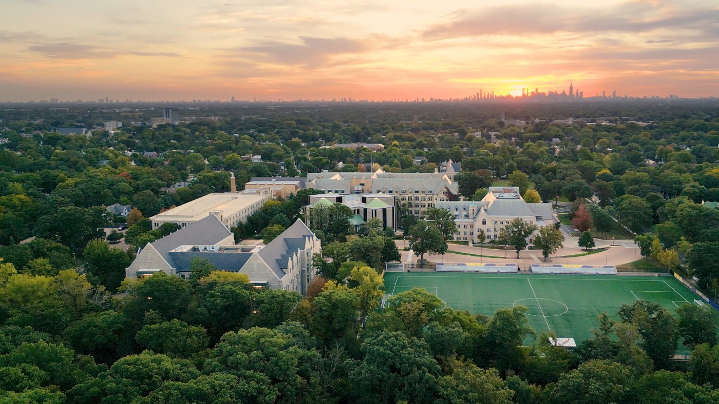 Aerial view of campus at sunset