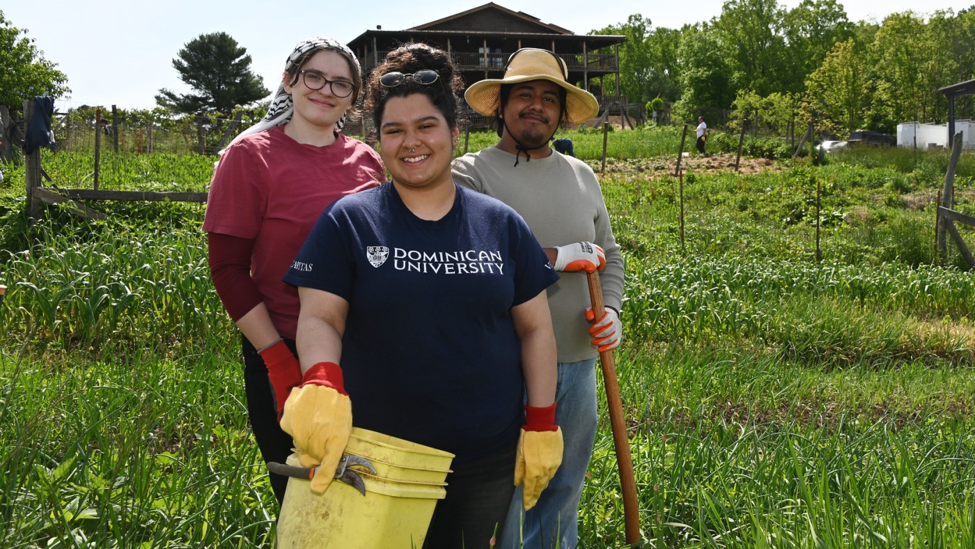 Three students on the farm
