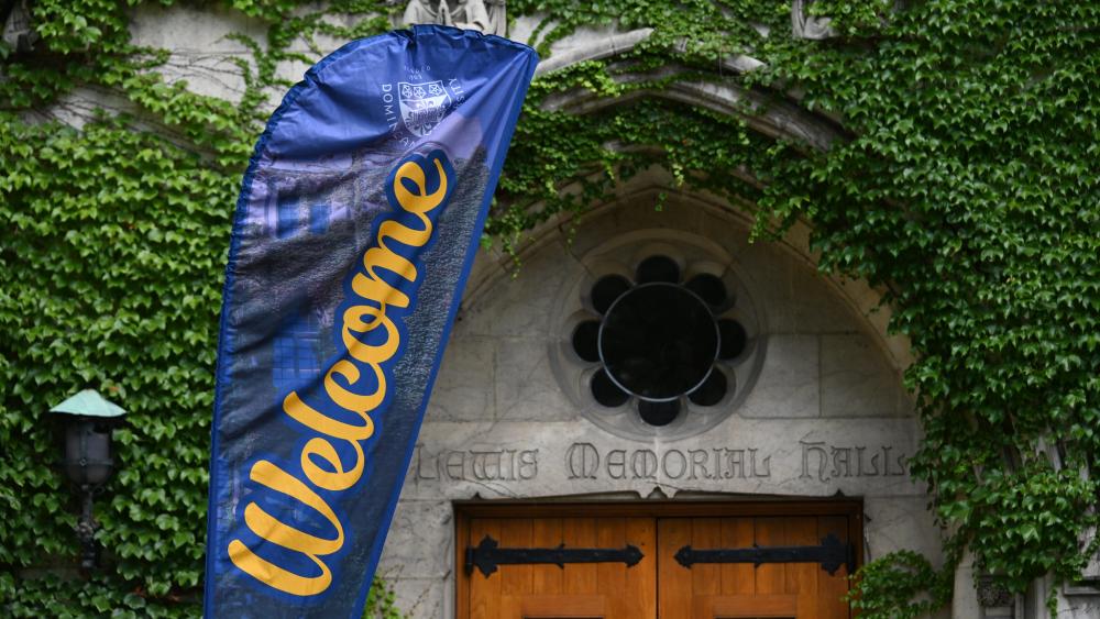 Welcome banner in front of Lewis Hall