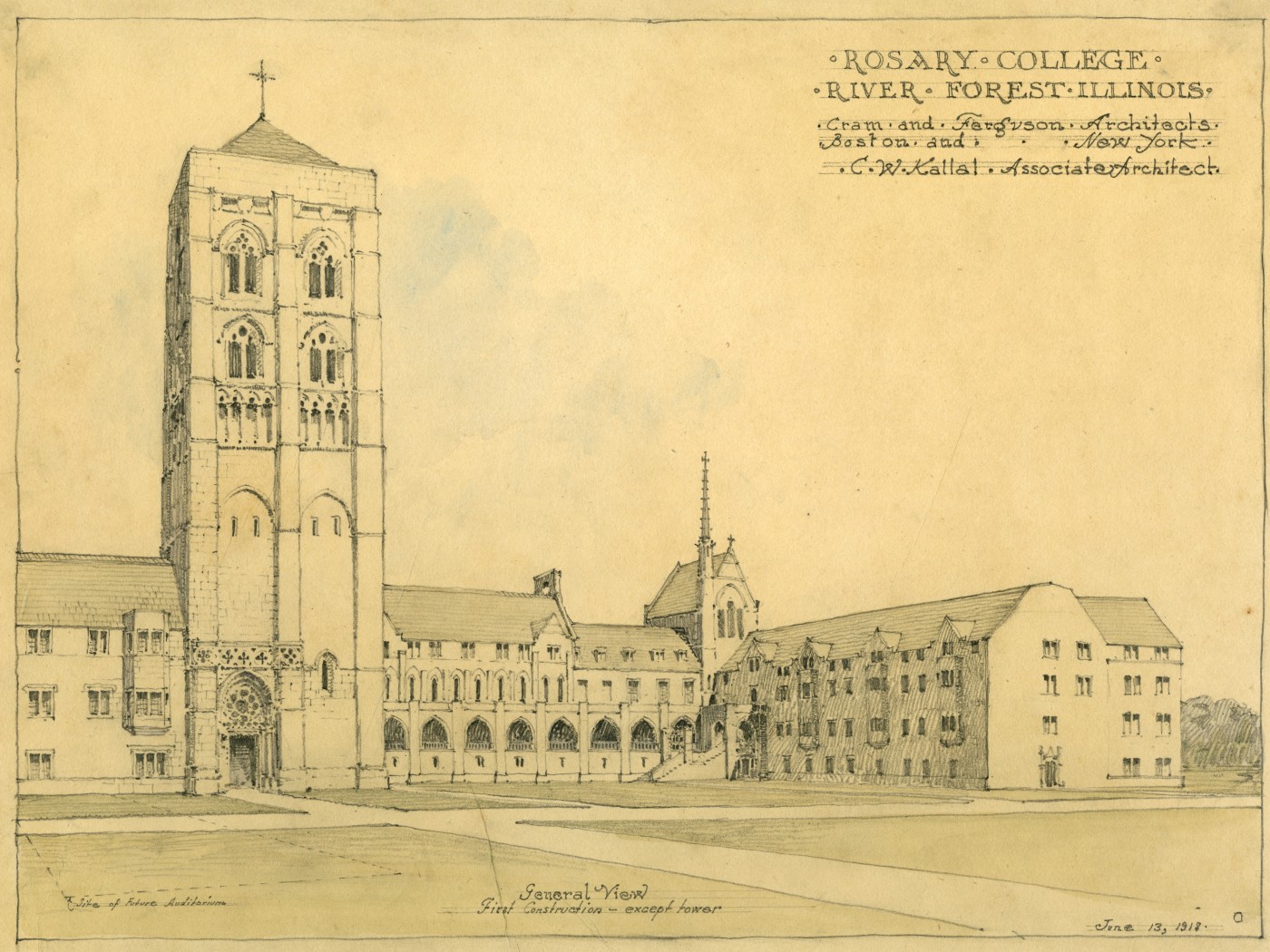 Line drawing of porposed Rosary College campus in 1918
