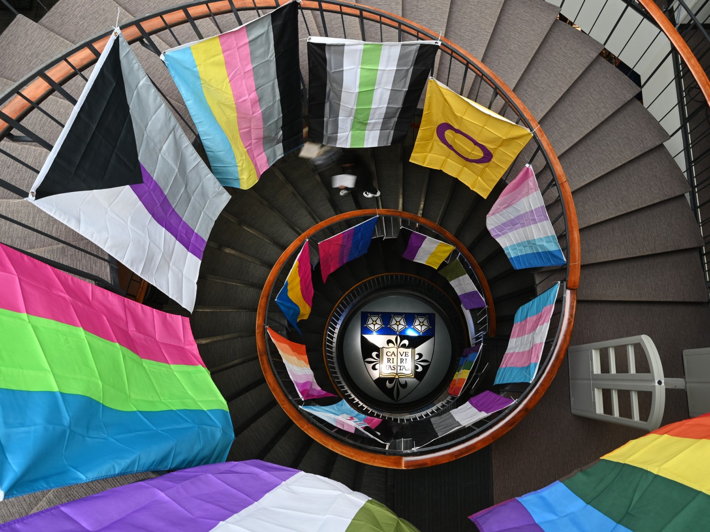 Pride flages displayed in library staircase