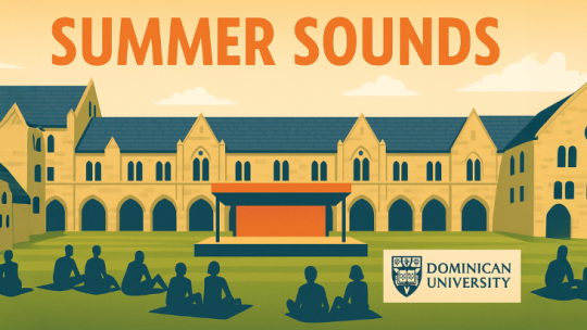 an art poster showing audienced listening to music on the DU quad